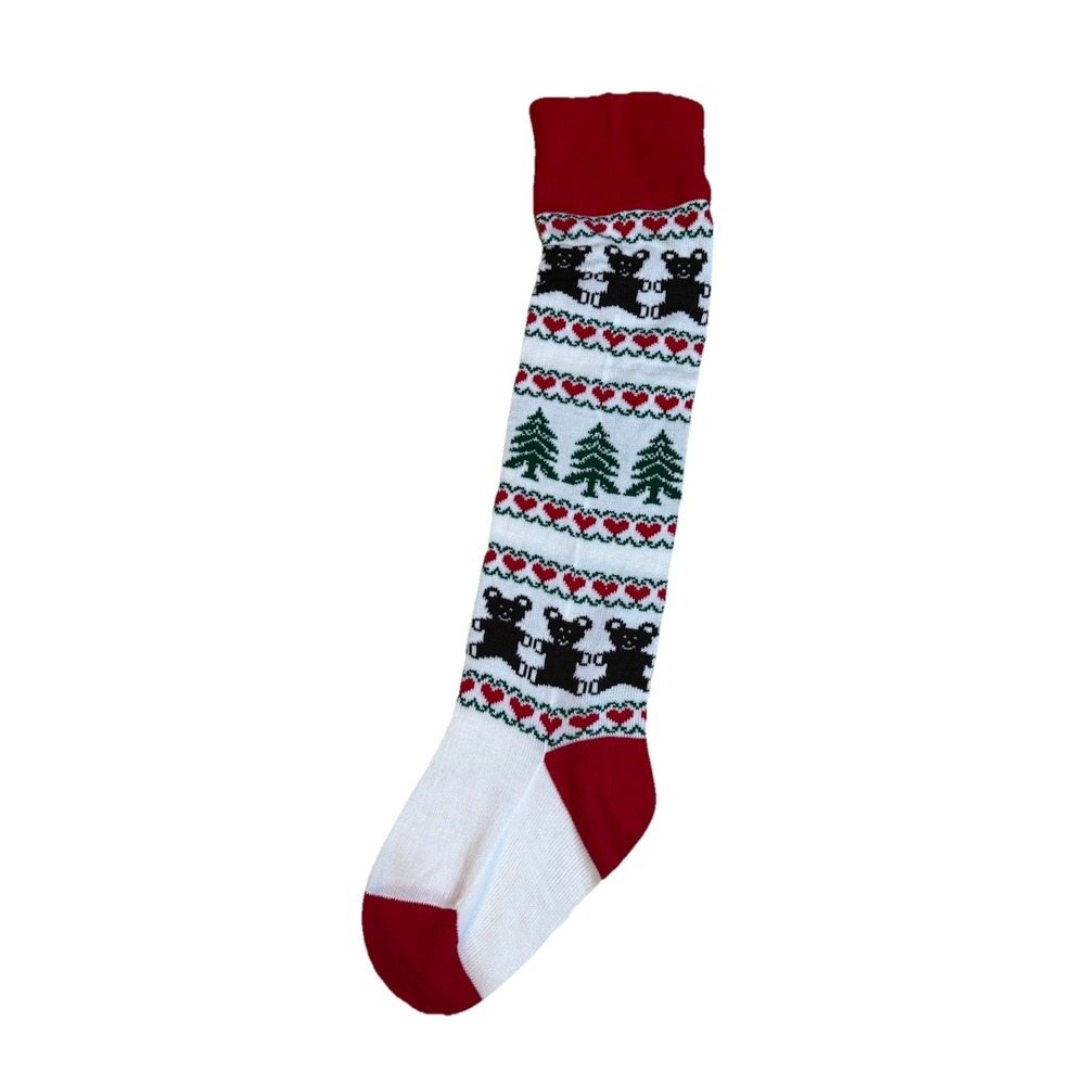 Vintage‎ Christmas Knit Stocking With Pom Poms Bears And Trees 36" Long